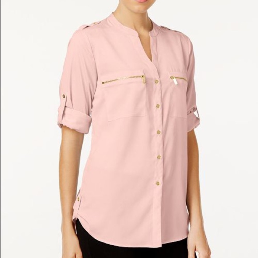Blush and Gold detail Zip-Pocket Utility Blouse